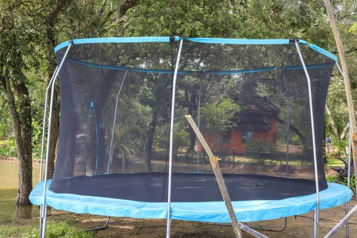 Trampoline with a safety net under the trees by the lake