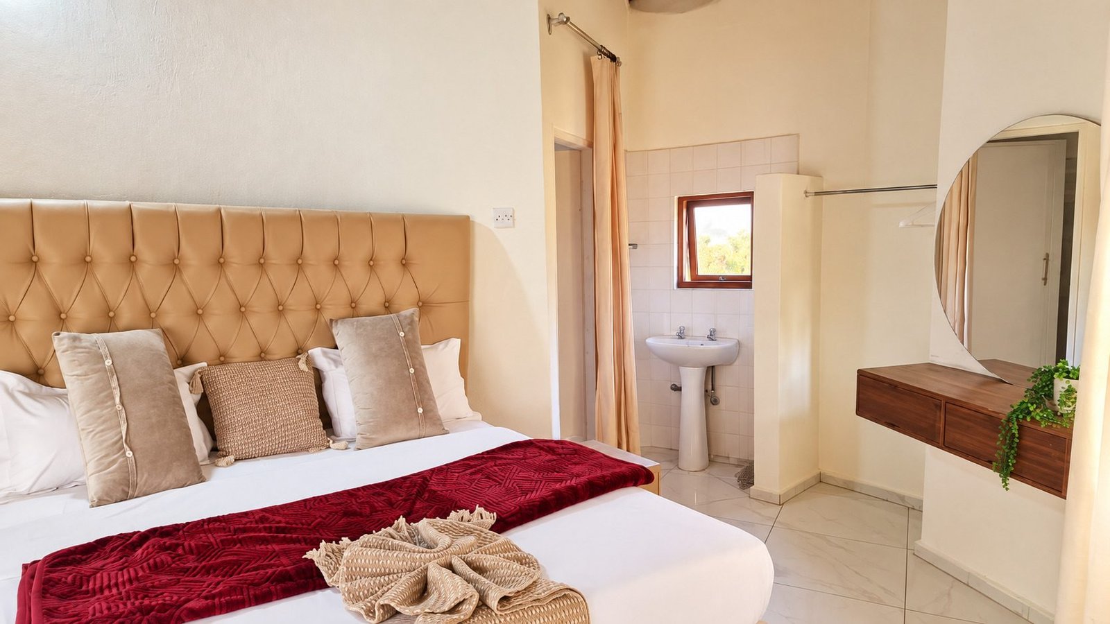 Standard Chalet bedroom with a red throw and en-suite basin